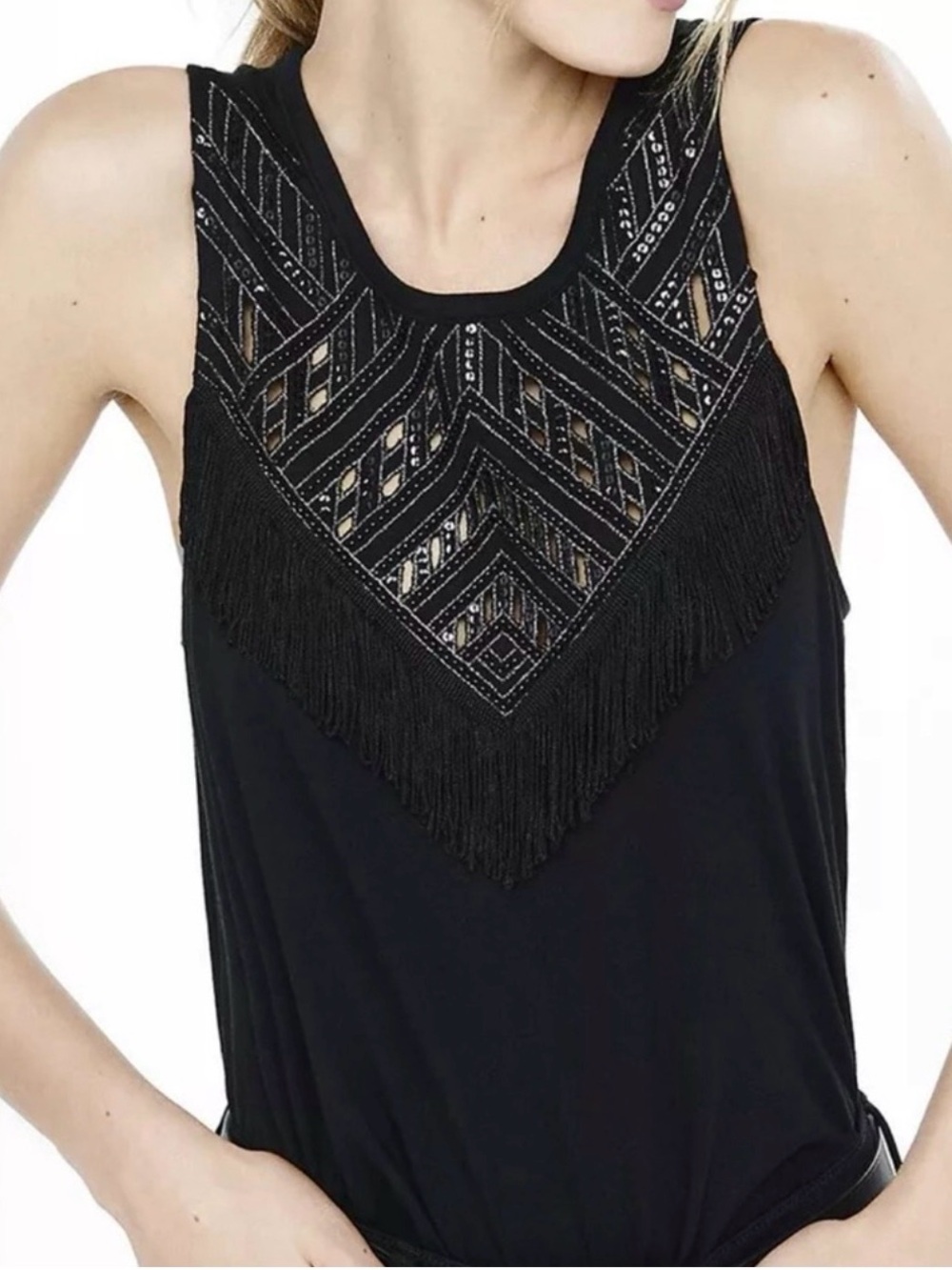 Express Black Fringe Embellished Tank Top – Size XS 🖤